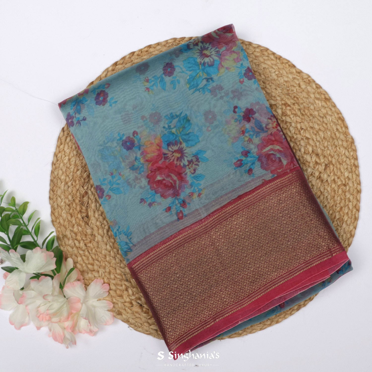 Sky Blue Organza Saree With Floral Printed Pattern