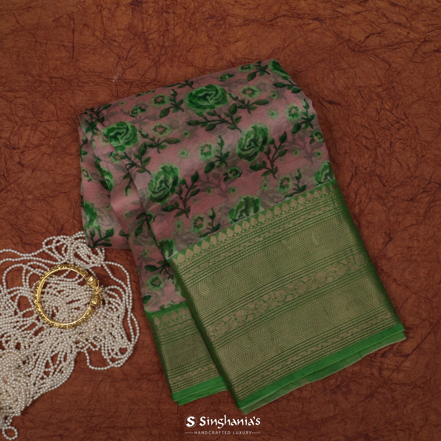 Silvery Pink Printed Organza Saree With Floral Pattern