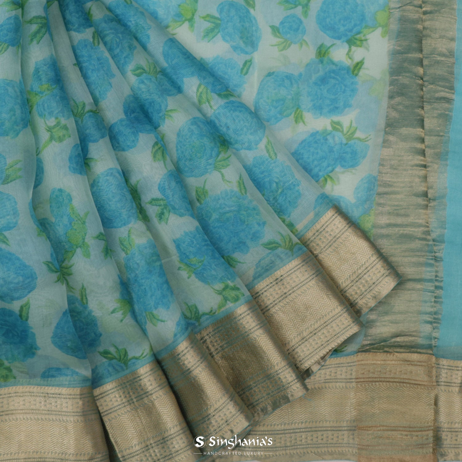 Snow White Printed Organza Saree With Floral Pattern