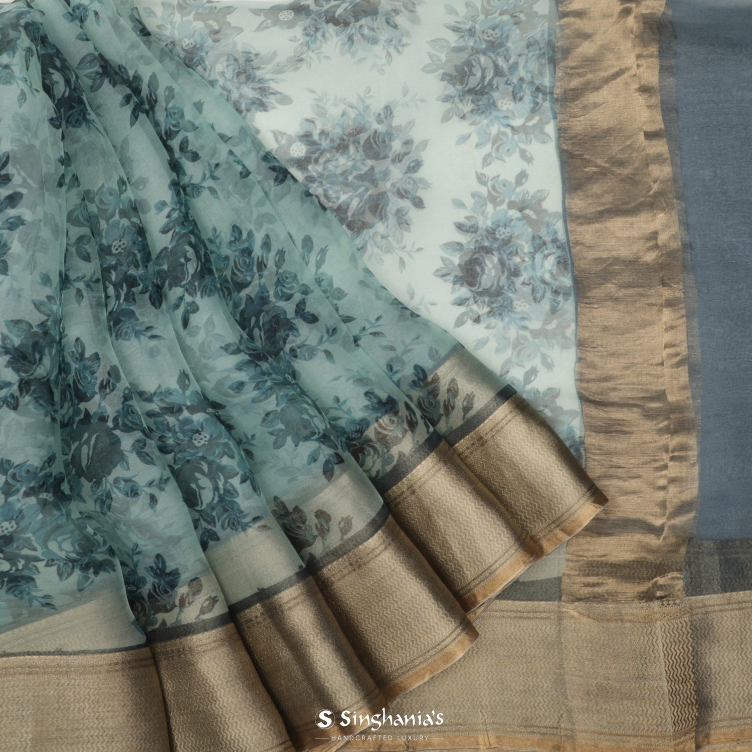 Light Turquoise Blue Organza Saree With Floral Printed Pattern