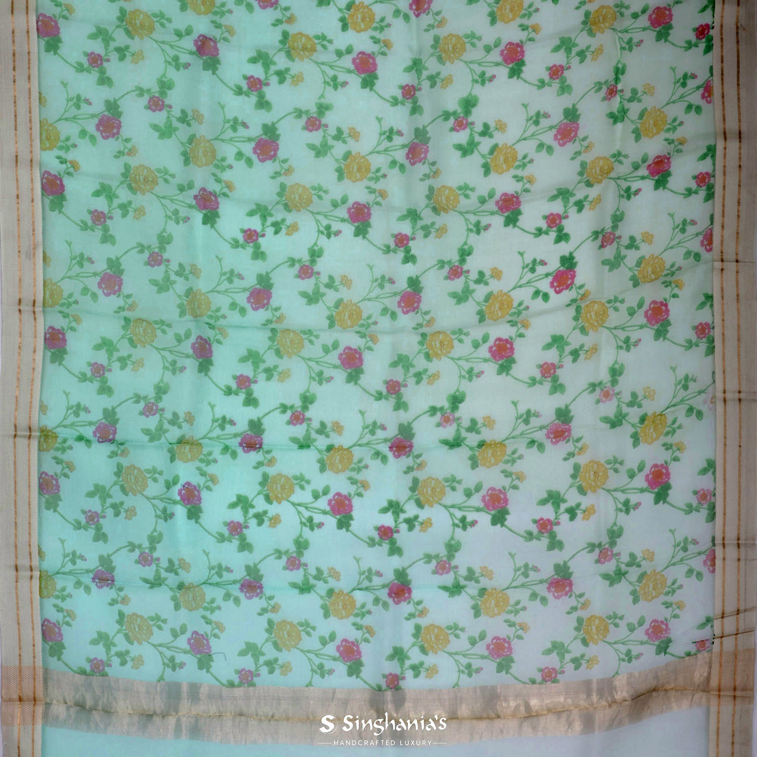 Spring Green Printed Organza Saree With Floral Pattern