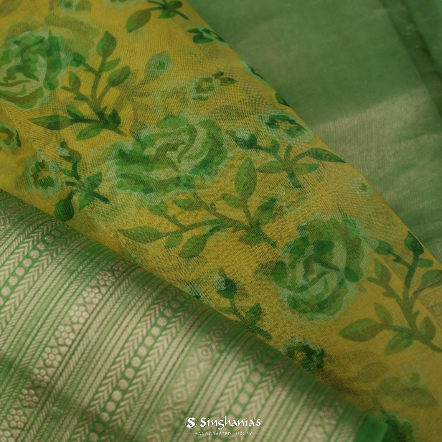 Satin Sheen Gold Yellow Printed Organza Saree With Floral Pattern