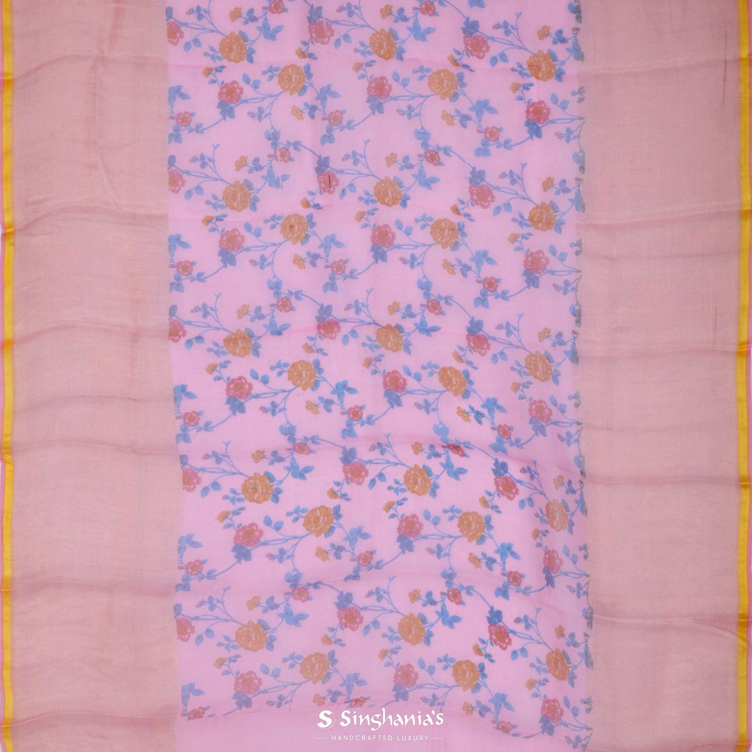 Carnation Pink Printed Organza Saree With Floral Pattern