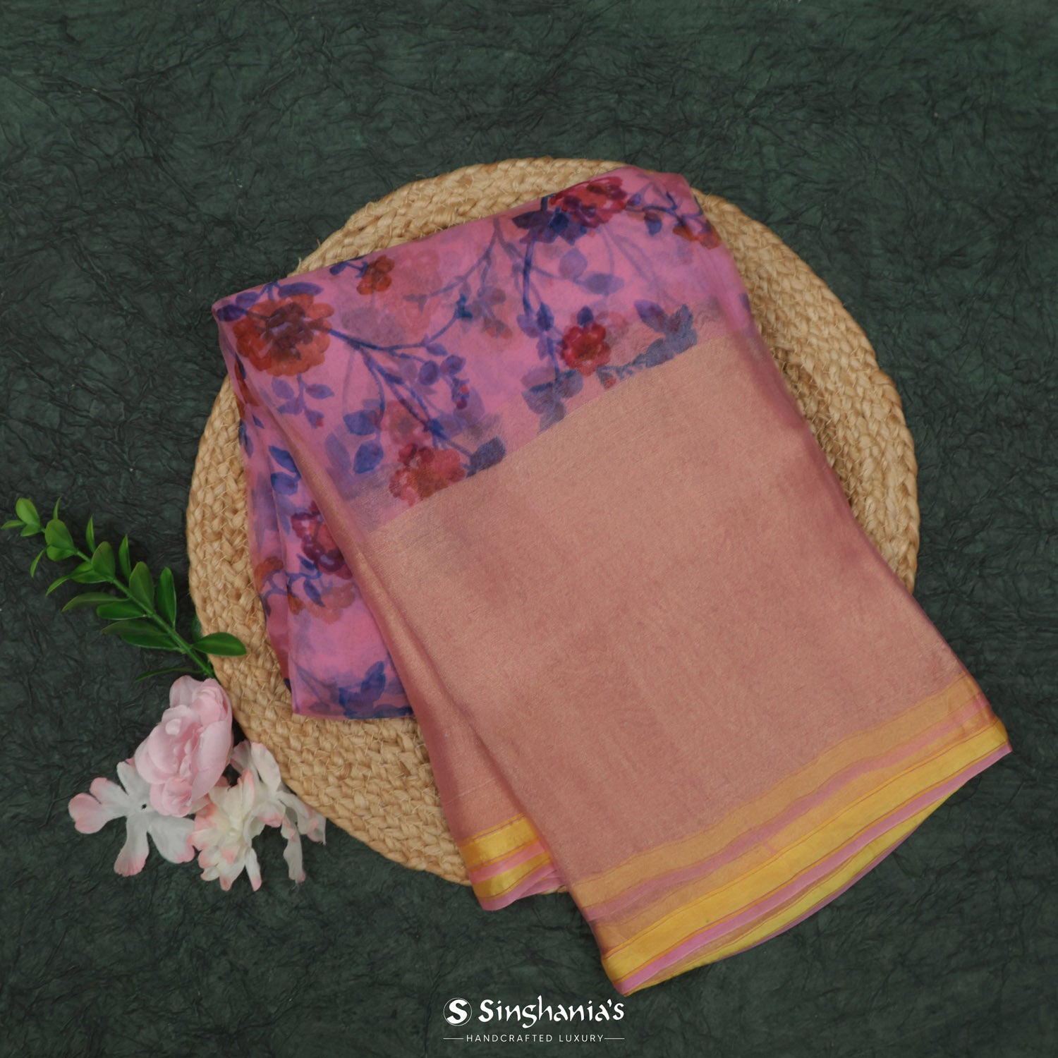 Carnation Pink Printed Organza Saree With Floral Pattern