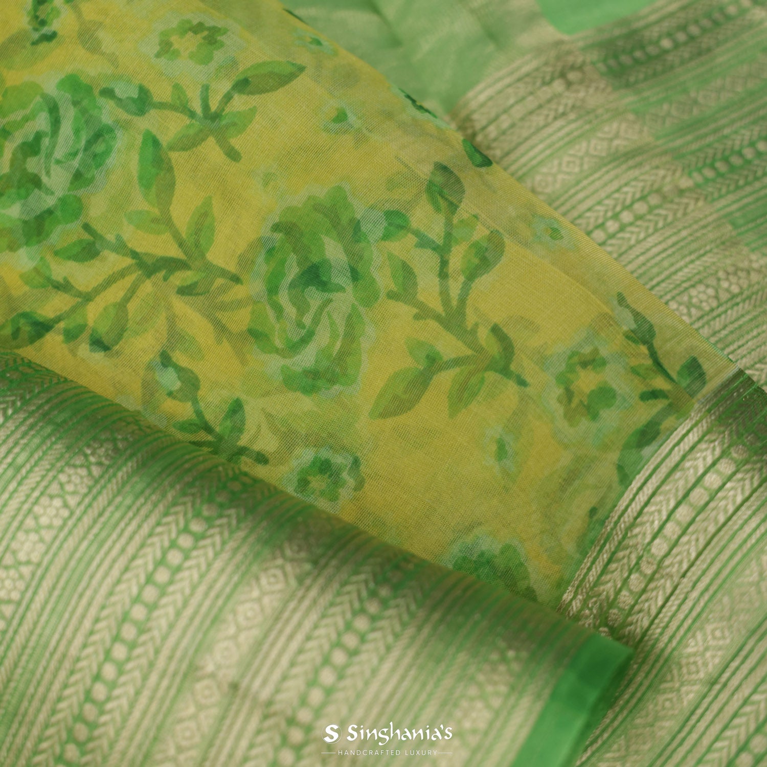 Greenish-Yellow Printed Organza Saree With Floral Pattern