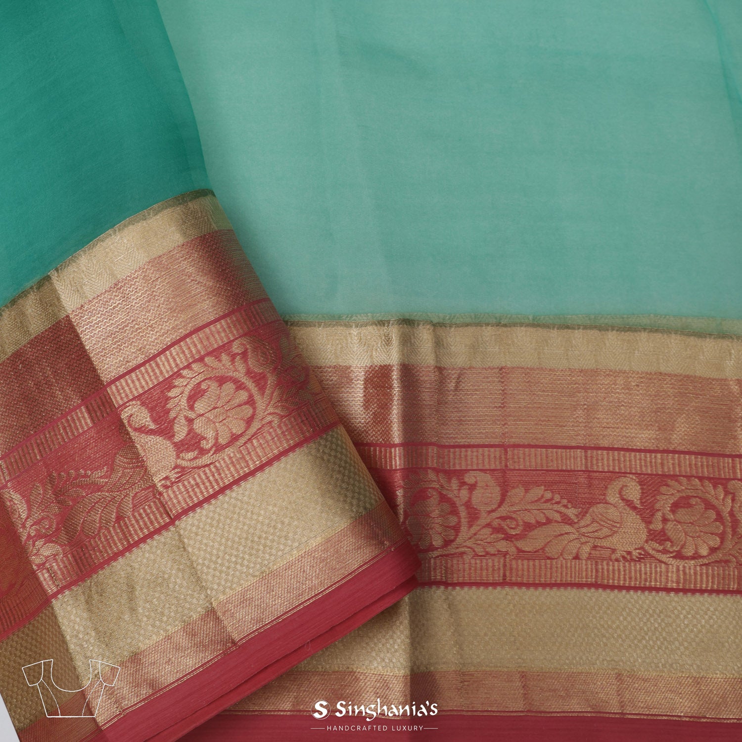 Teal Blue Printed Organza Saree With Floral Pattern
