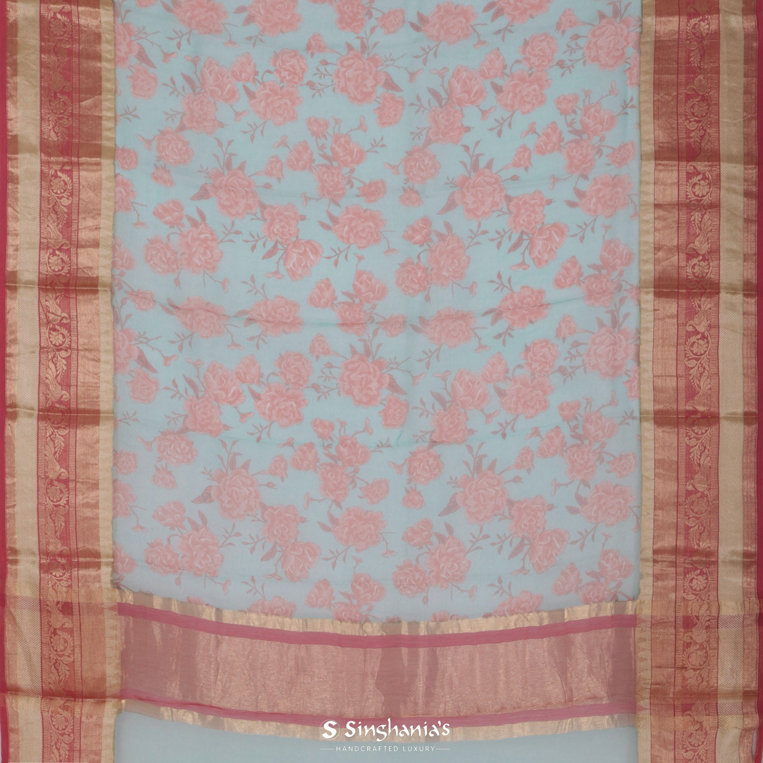 Teal Blue Printed Organza Saree With Floral Pattern