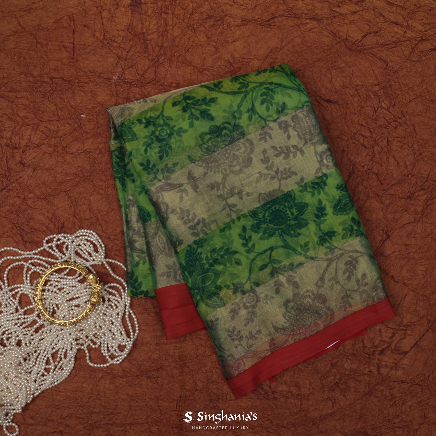 Fern Green Printed Organza Saree With Floral Pattern