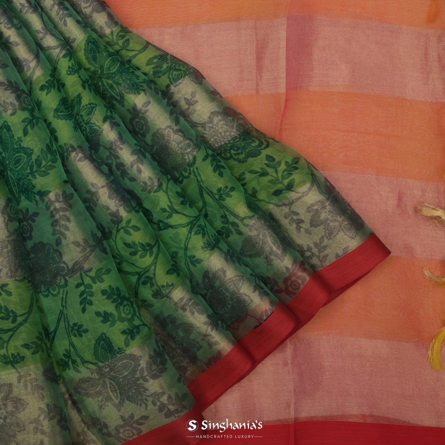 Fern Green Printed Organza Saree With Floral Pattern