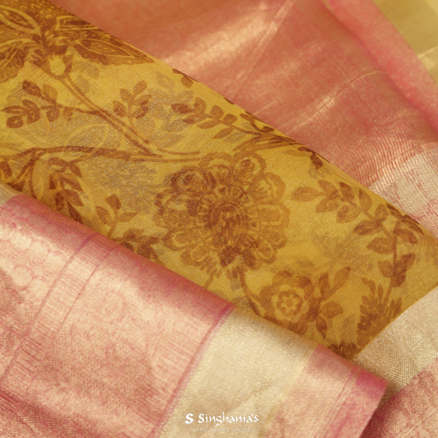 Satin Sheen Gold Yellow Printed Organza Saree With Floral Pattern