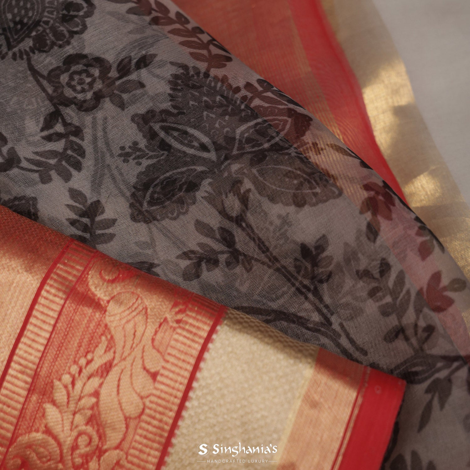 Gray Dolphin Printed Organza Saree With Floral Jaal Pattern