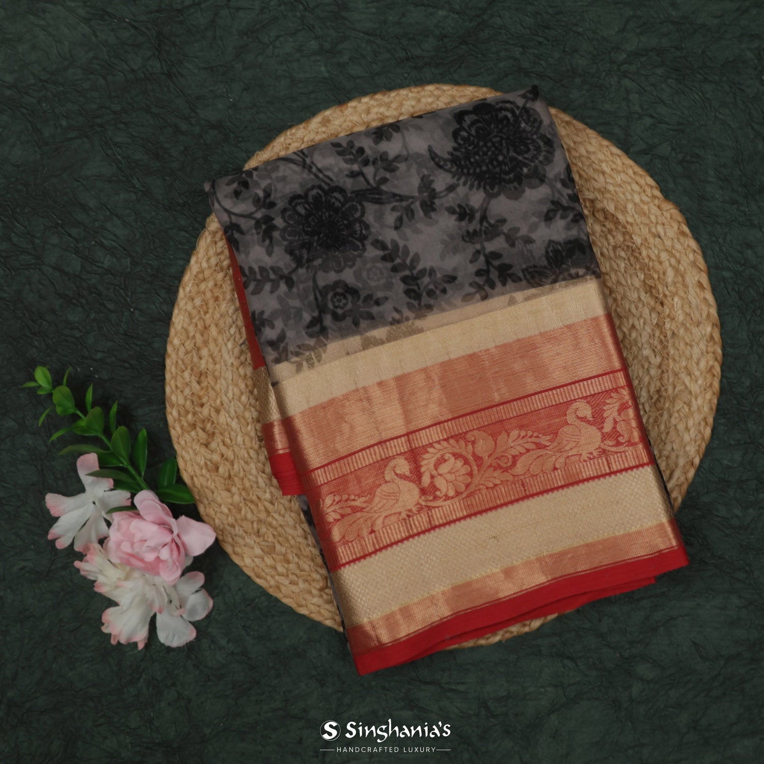 Gray Dolphin Printed Organza Saree With Floral Jaal Pattern