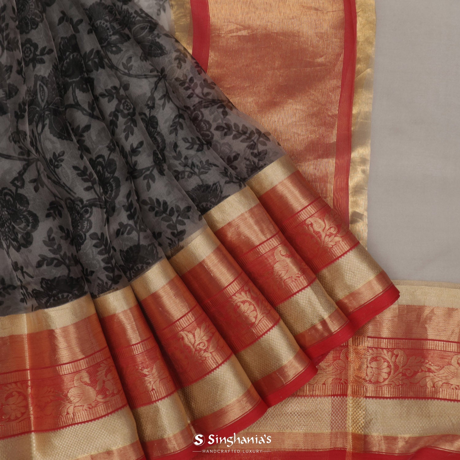 Gray Dolphin Printed Organza Saree With Floral Jaal Pattern