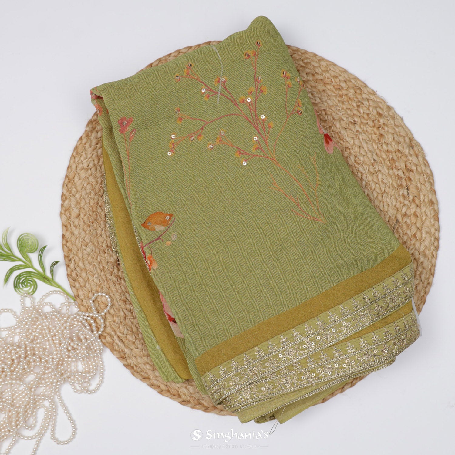 Sage Green Printed Georgette Saree With Floral Pattern In Sequin Work