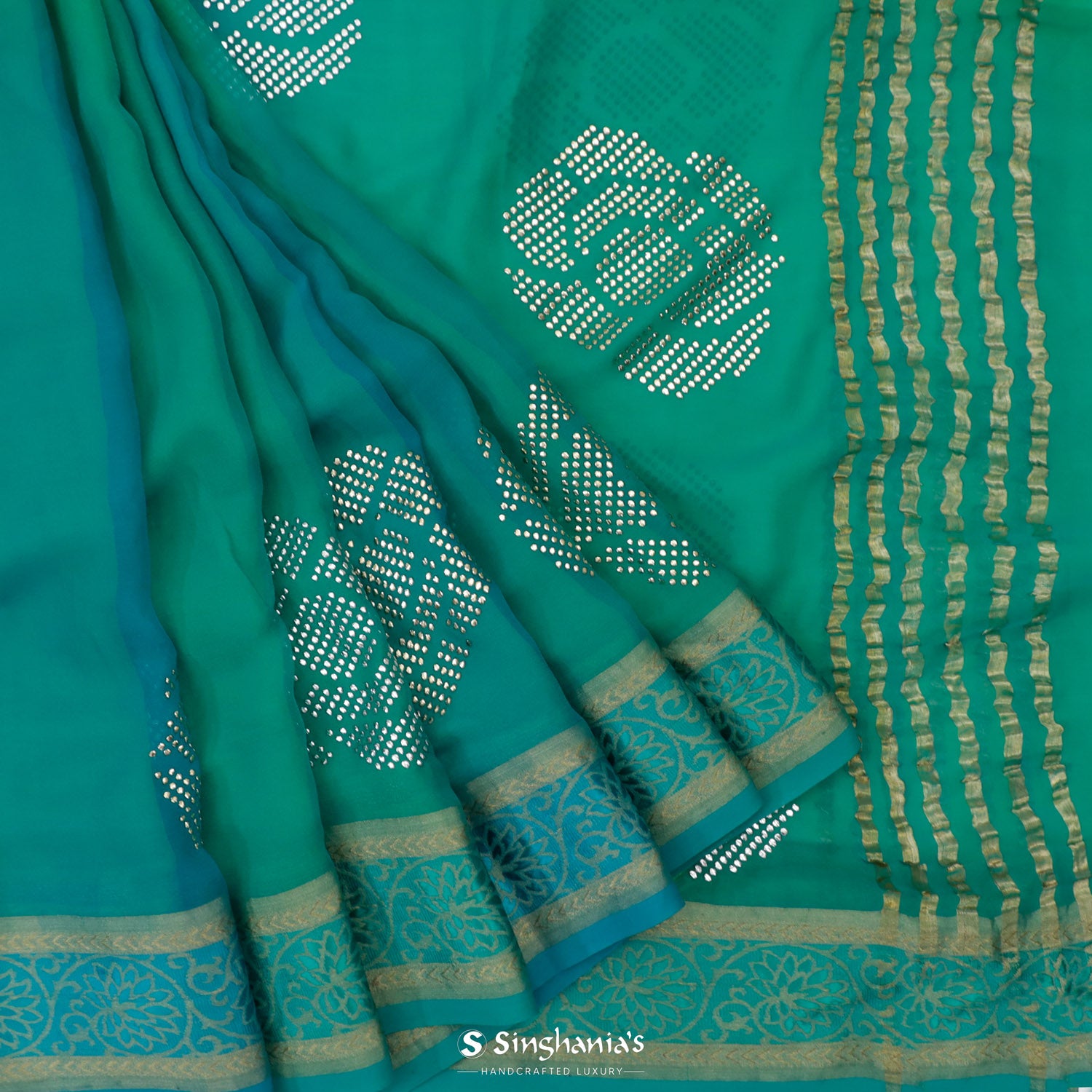 Multi-Green Chiffon Saree With Mukaish Work In Floral Buttas