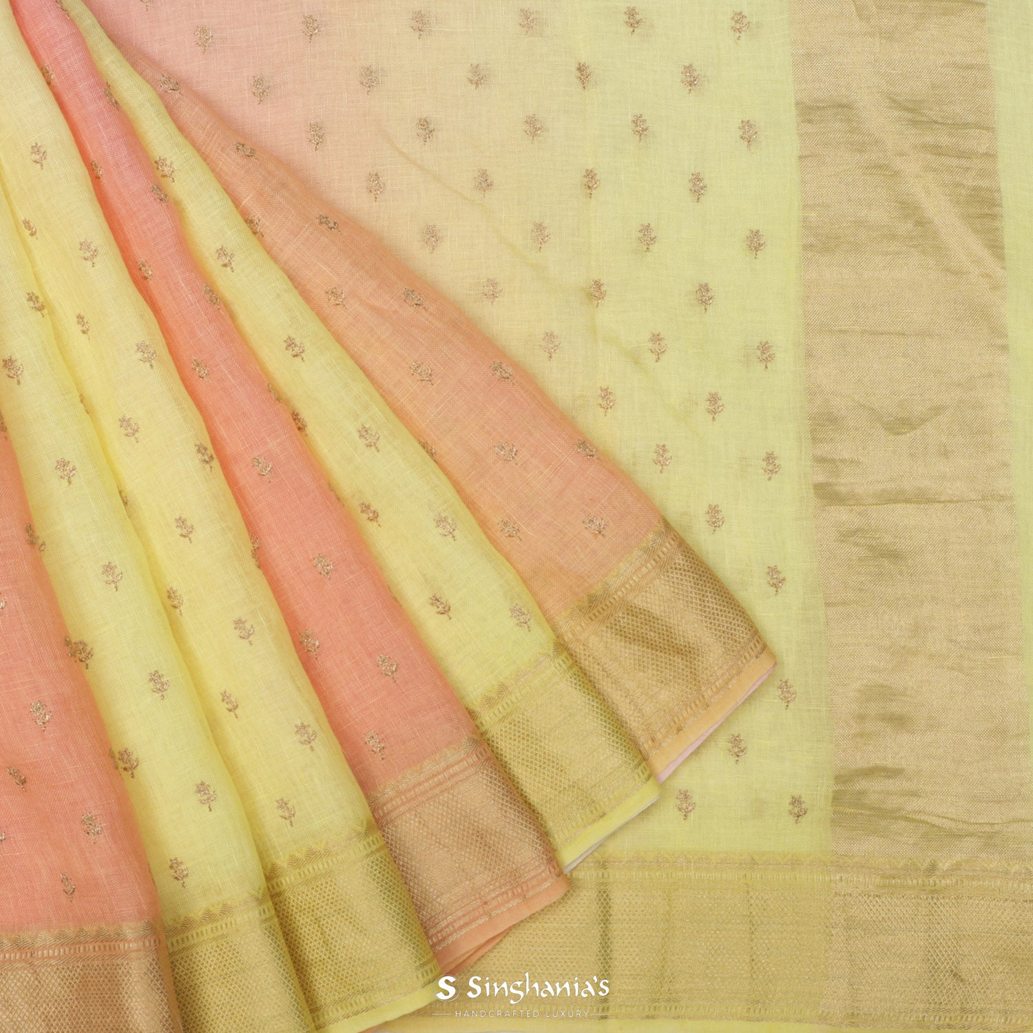 Yellow-Orange Linen Saree With Zari Embroidery Buttis