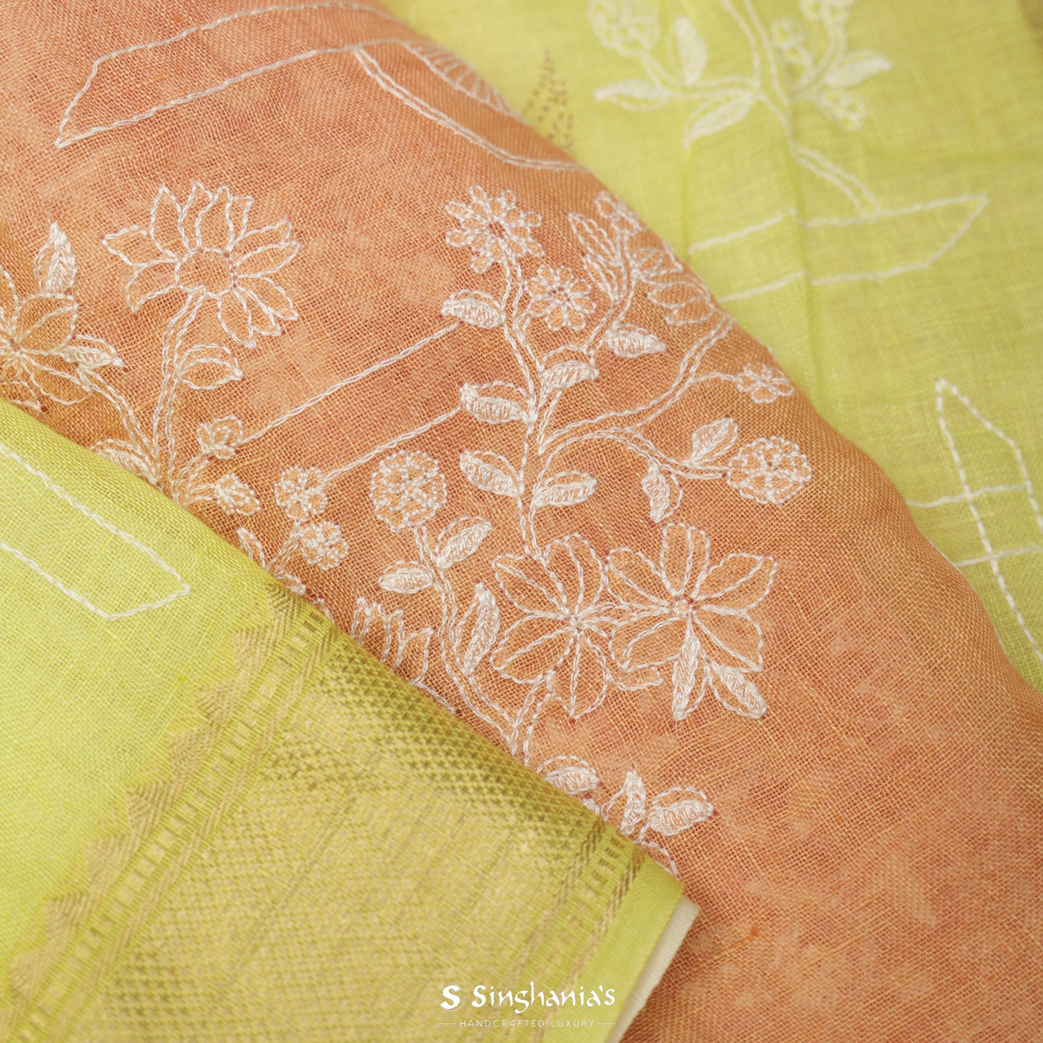 Yellow-Shade Linen Saree With Floral Thread Work Design
