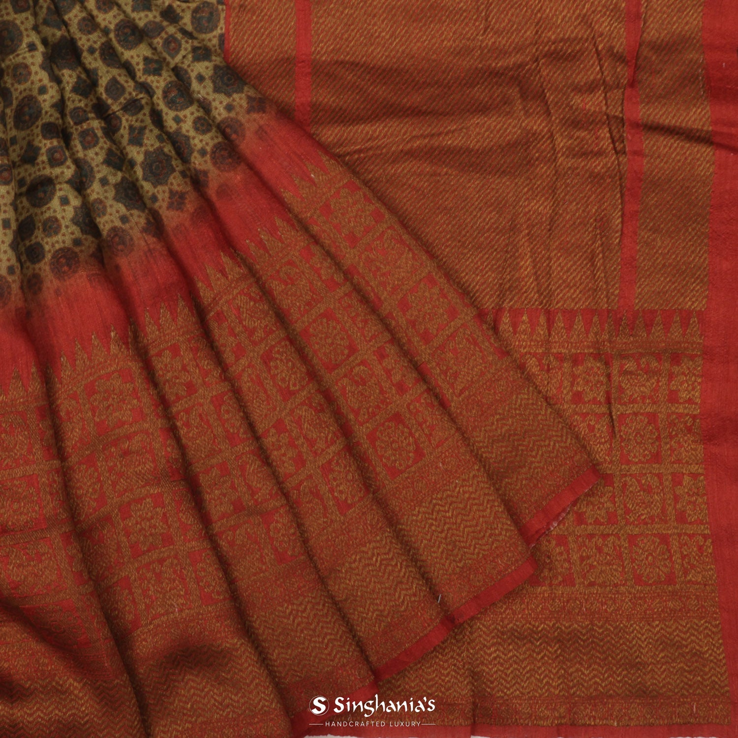 Light French Beige Printed Matka Saree With Ajrakh Inspired Pattern