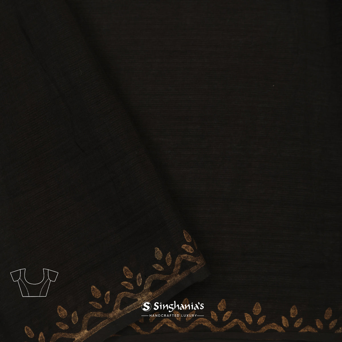 Black Printed Silk Saree With Floral Butti Pattern