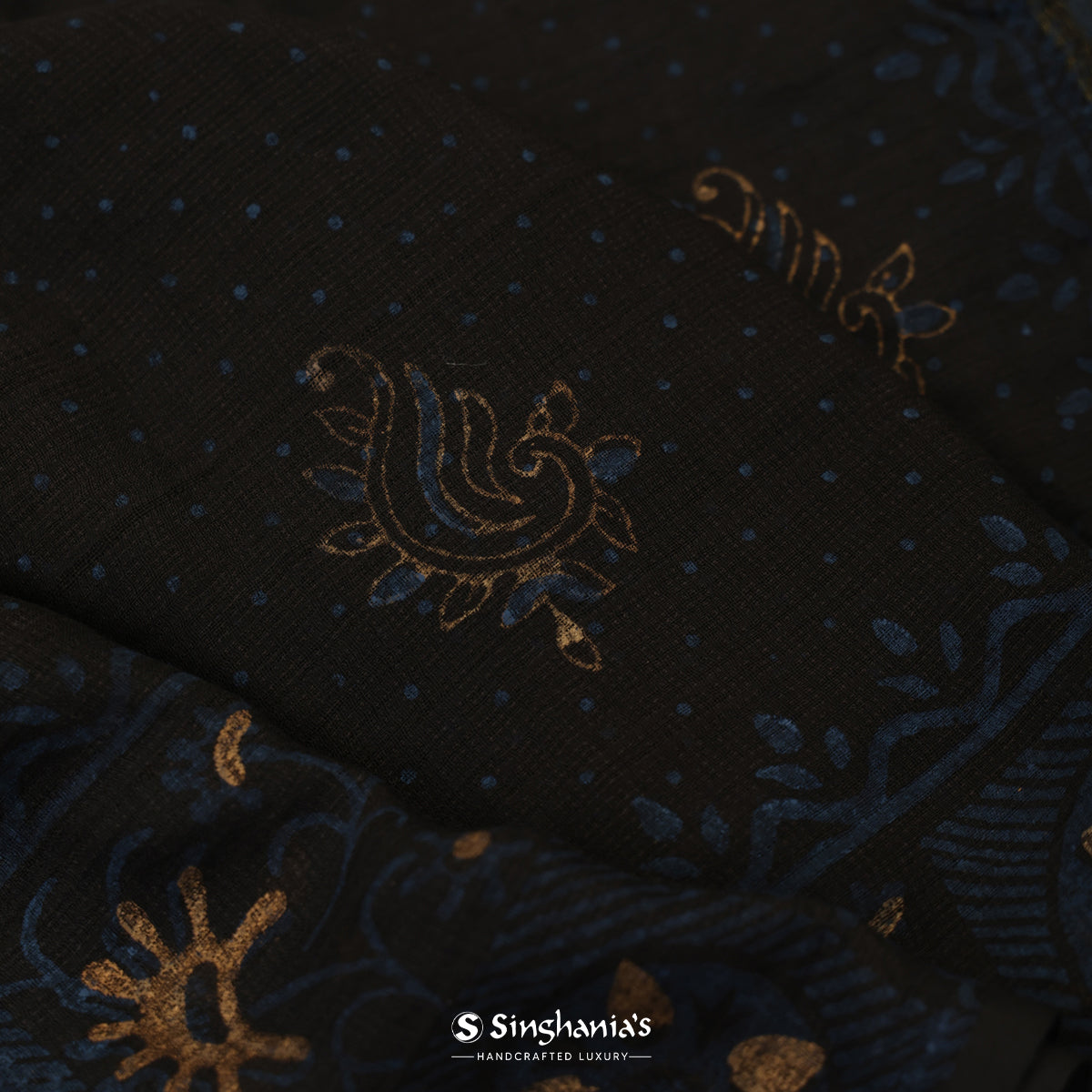 Black Printed Silk Saree With Floral Butti Pattern