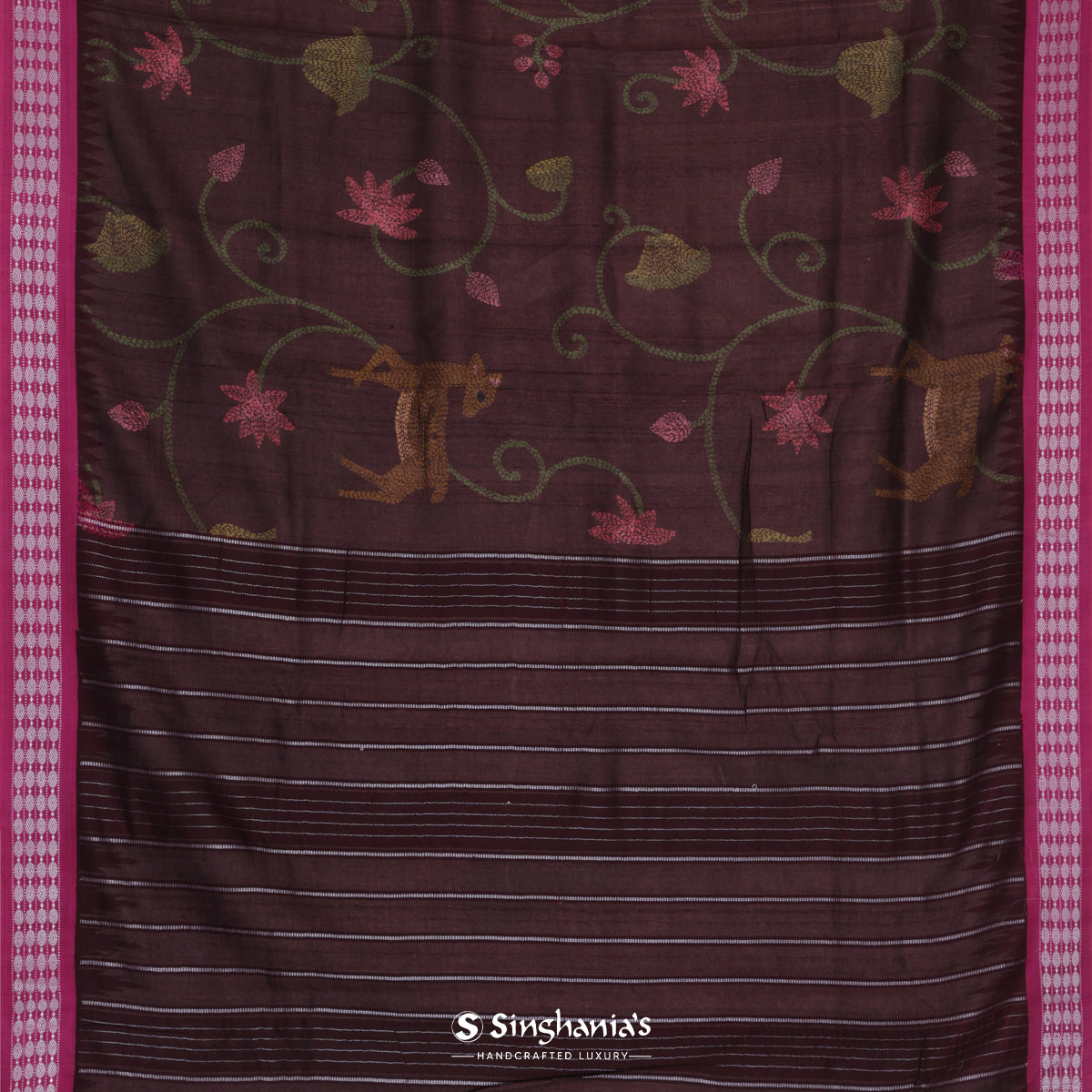 Brown Coffee Dupion Silk Saree With Printed Flora-Fauna Pattern