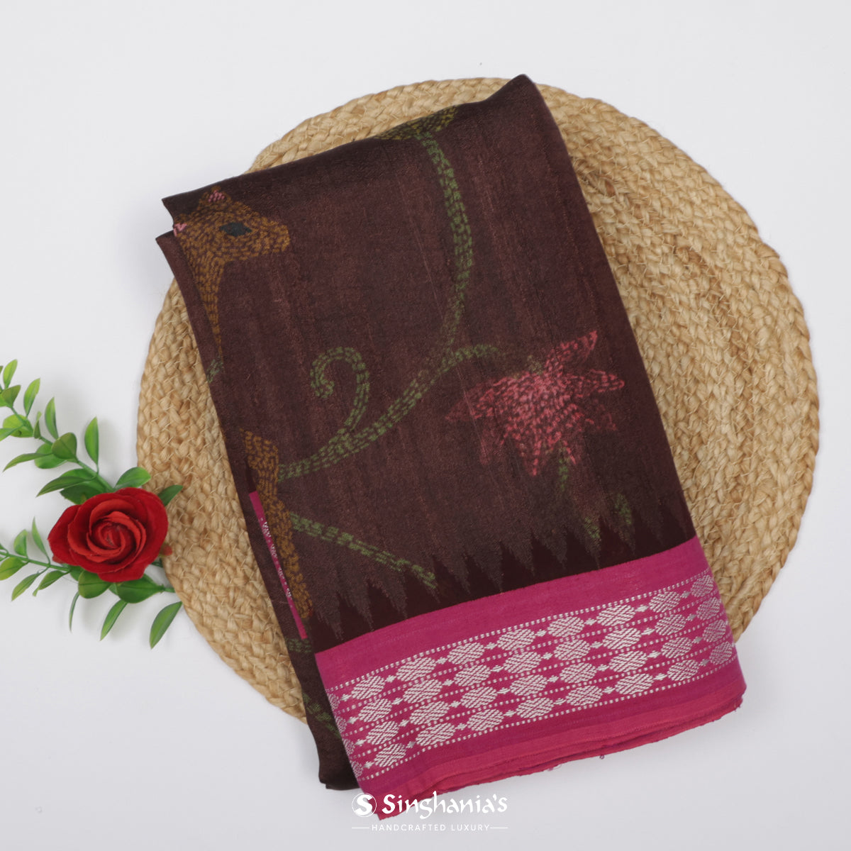 Brown Coffee Dupion Silk Saree With Printed Flora-Fauna Pattern