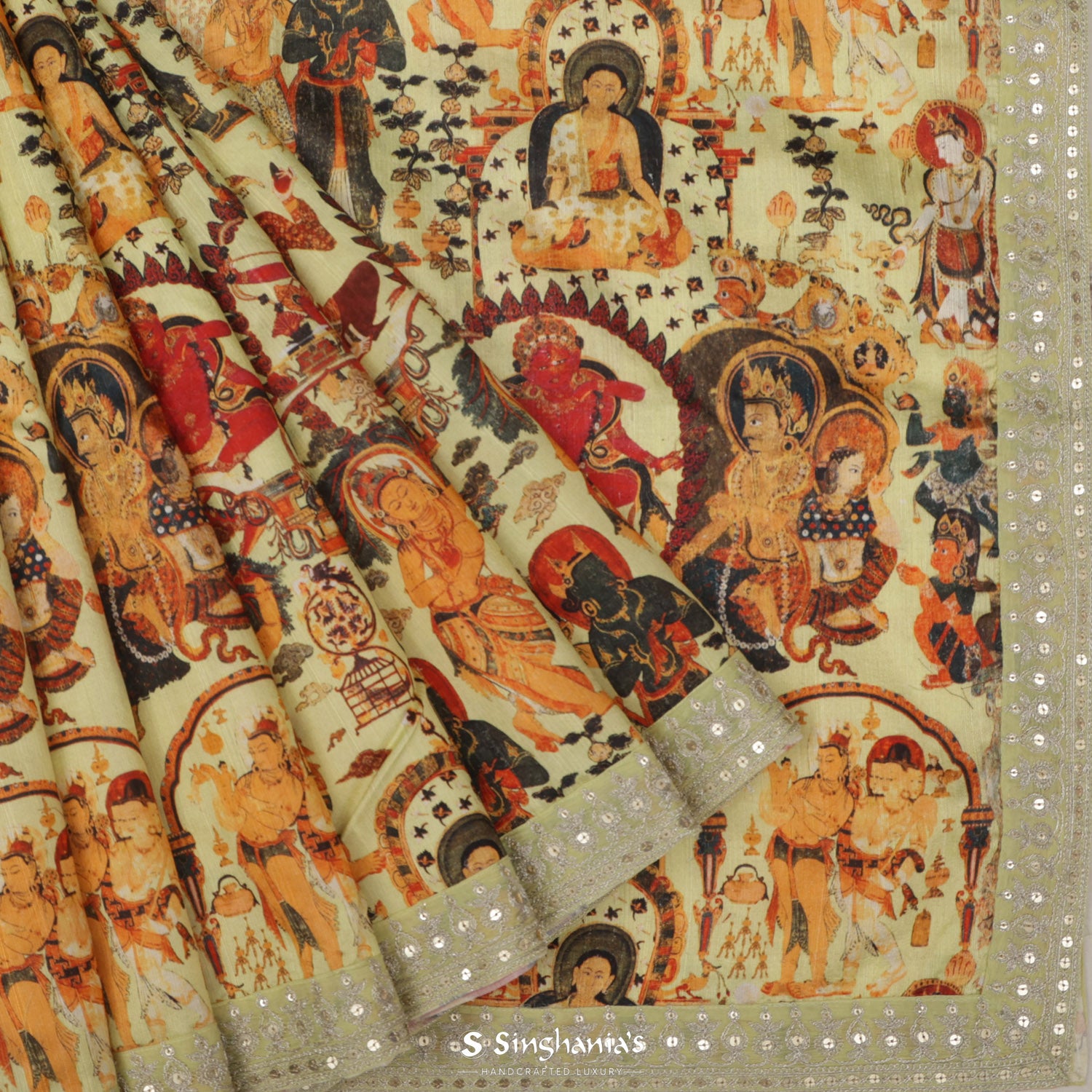 Pale Yellow Dupion Silk Saree With Printed Mythological Pattern