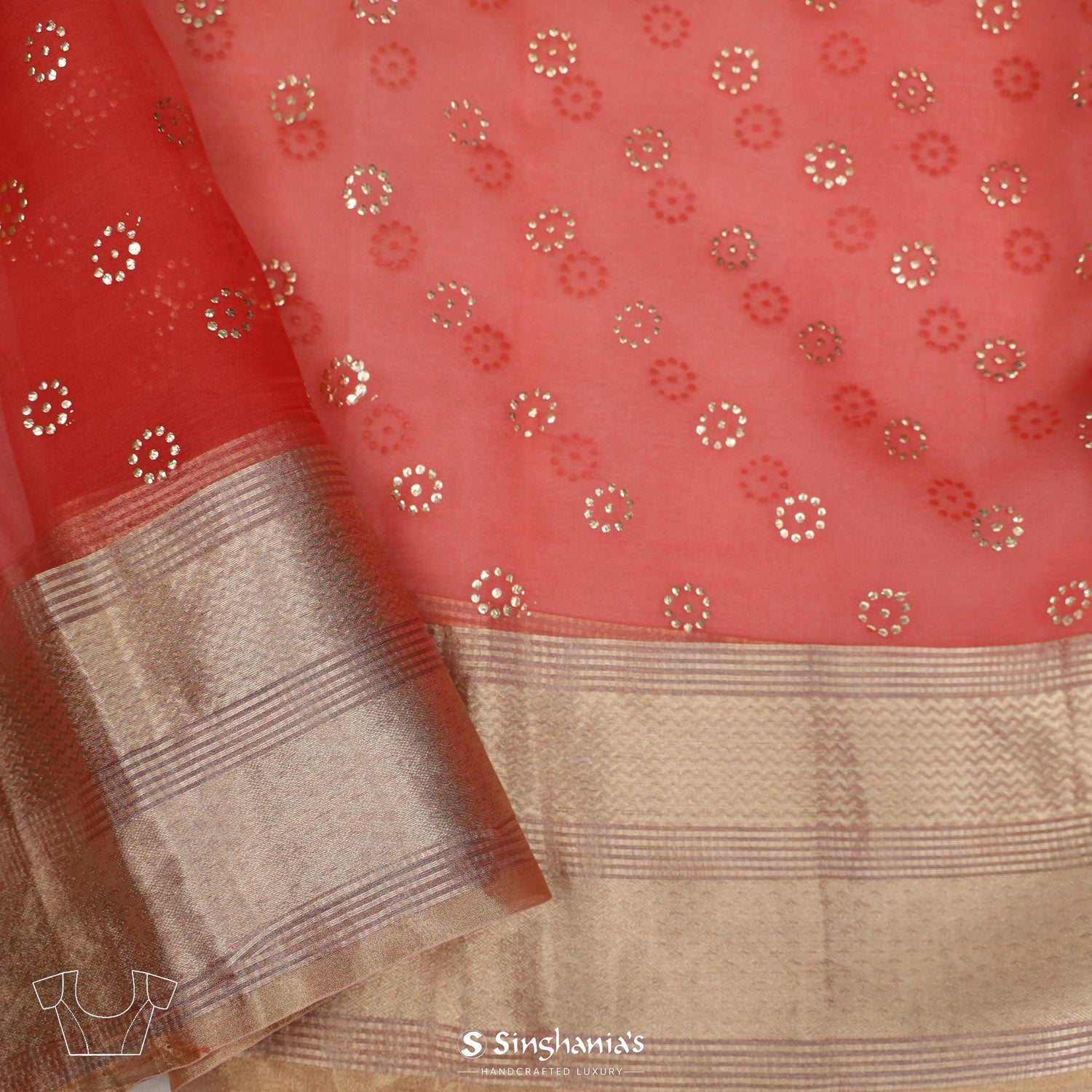 Persian Red Organza Saree With Mukaish Work In Floral Buttis