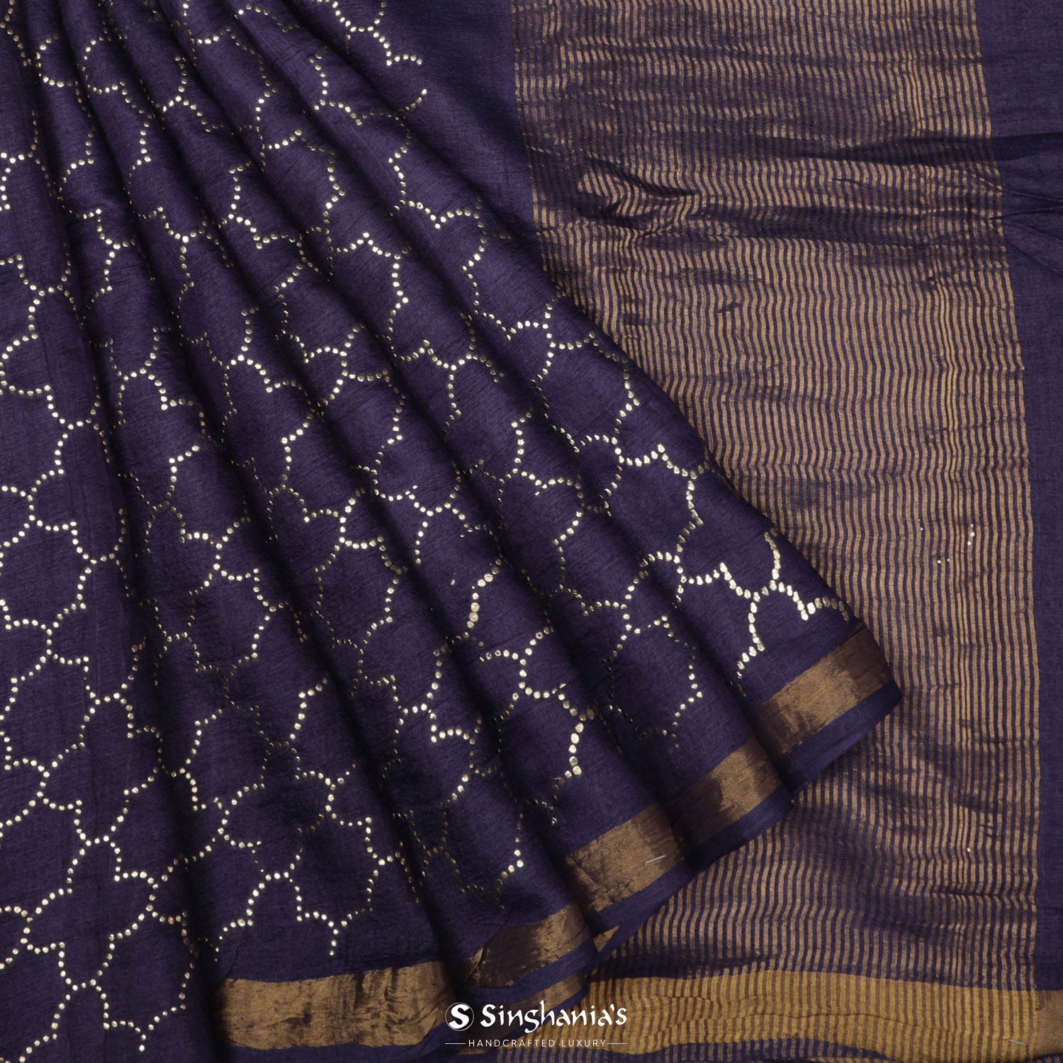 Matte Purple Tussar Silk Saree With Foil Print In Grid Pattern