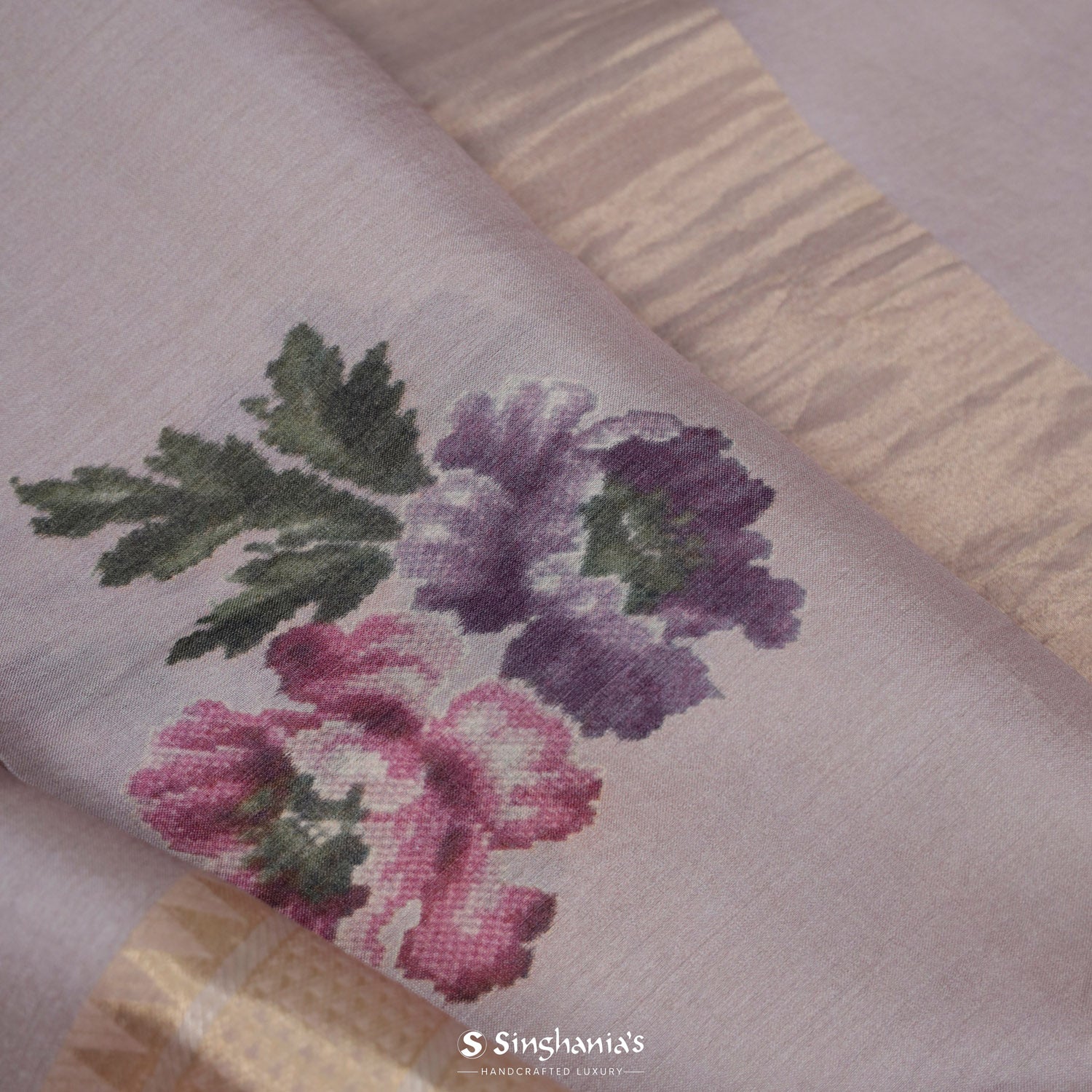 Pale Purple Printed Tussar Silk Saree With Floral Pattern