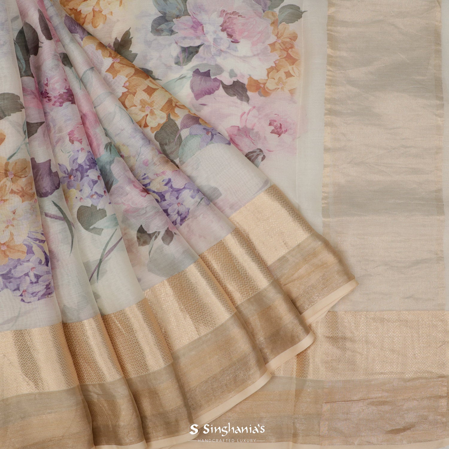 Pacific Pearl White Printed Maheshwari Saree With Floral Pattern