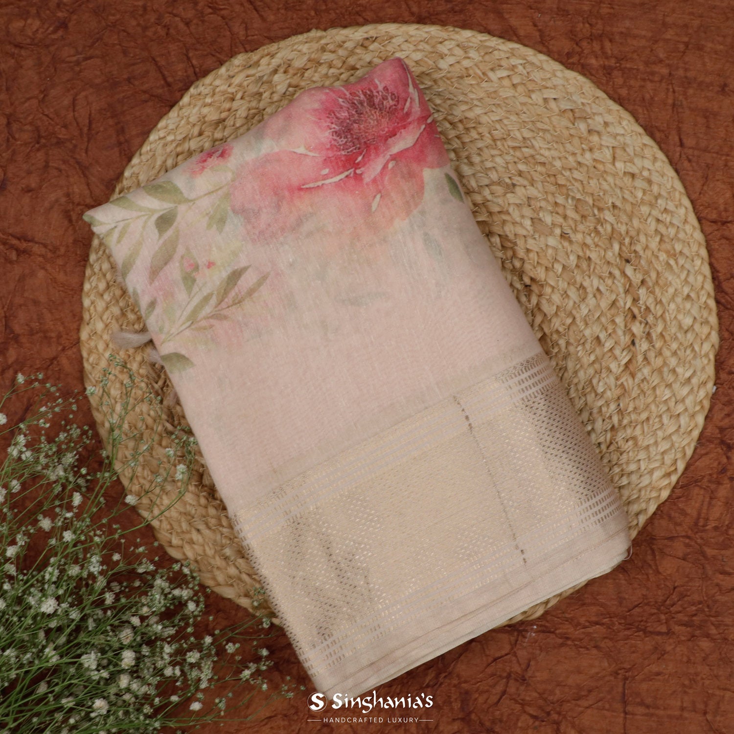 Albescent White Linen Silk Saree With Floral Pattern