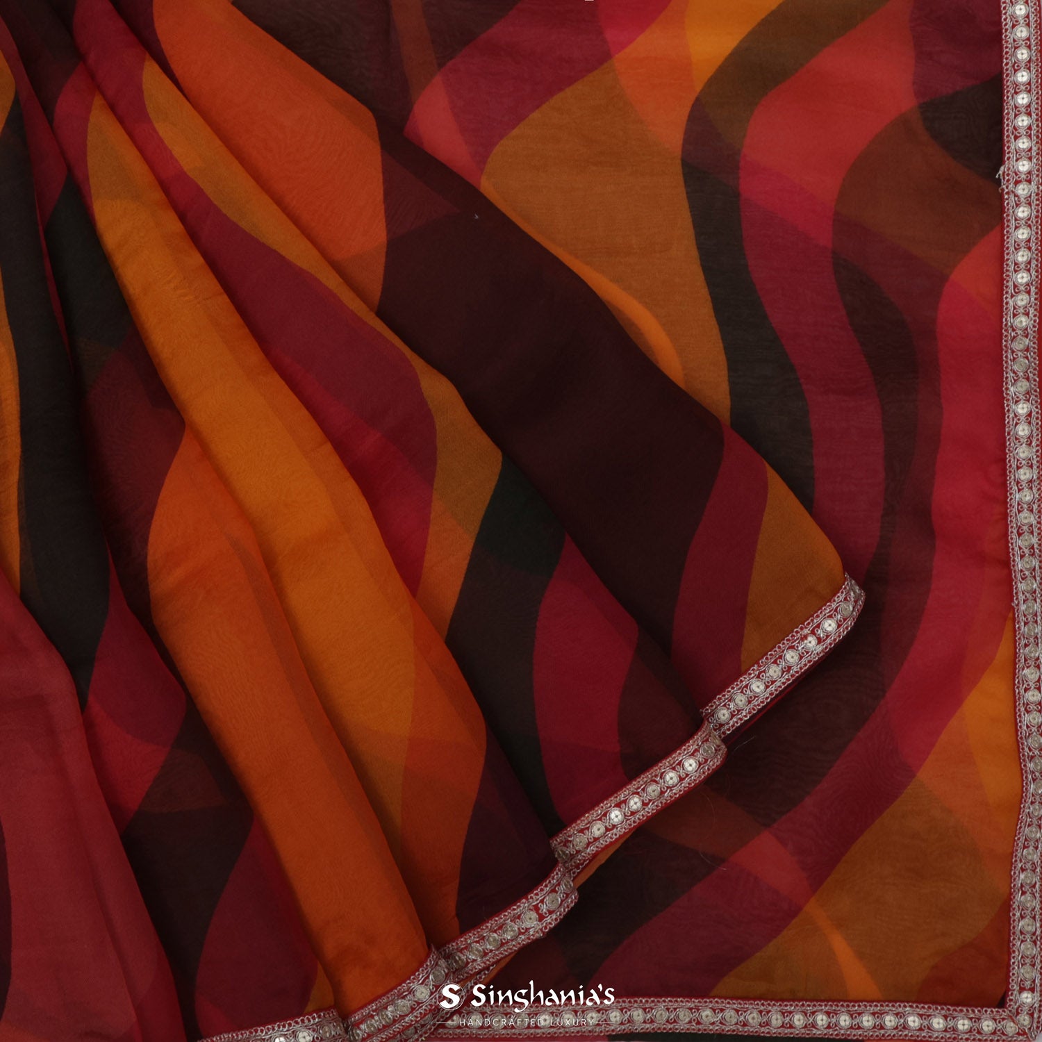 Indian Red Multicolour Organza Saree With Lehariya Pattern