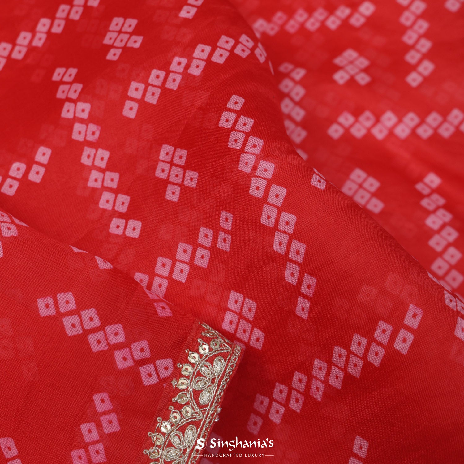 Cadmium Red Organza Saree With Bandhani Pattern
