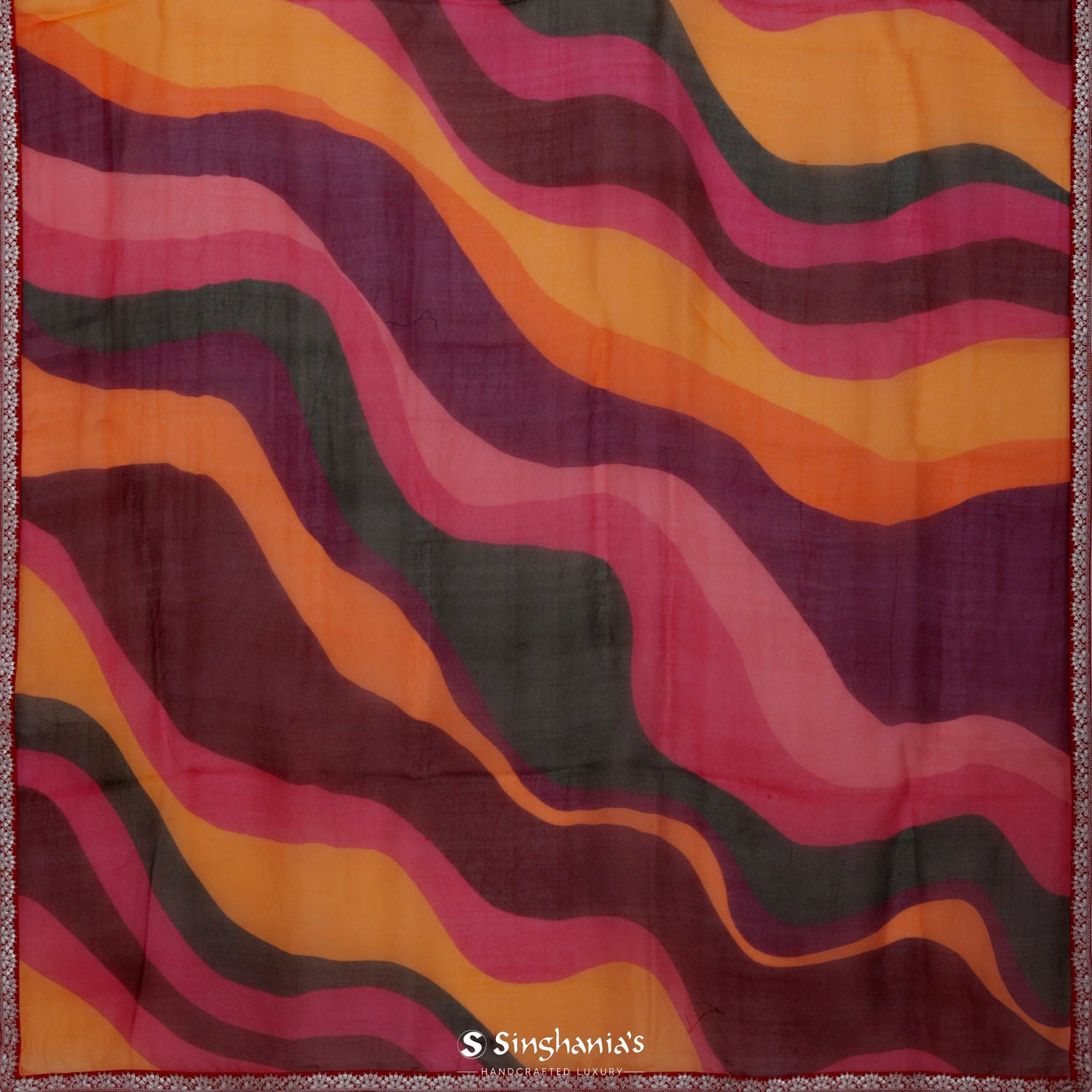 Multi-Brown Color Printed Organza Saree With Wave Pattern