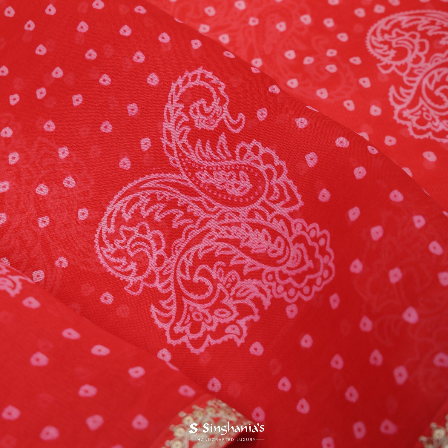 Imperial Red Printed Organza Saree With Floral Pattern