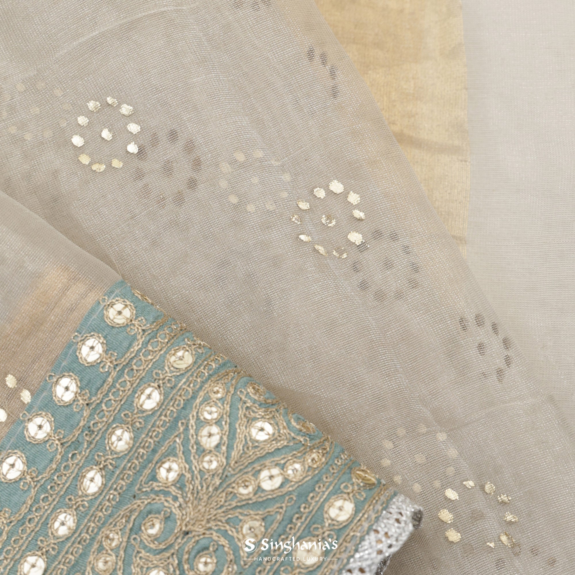 Platinum Gray Tissue Saree With Mukaish Work And Embroidery