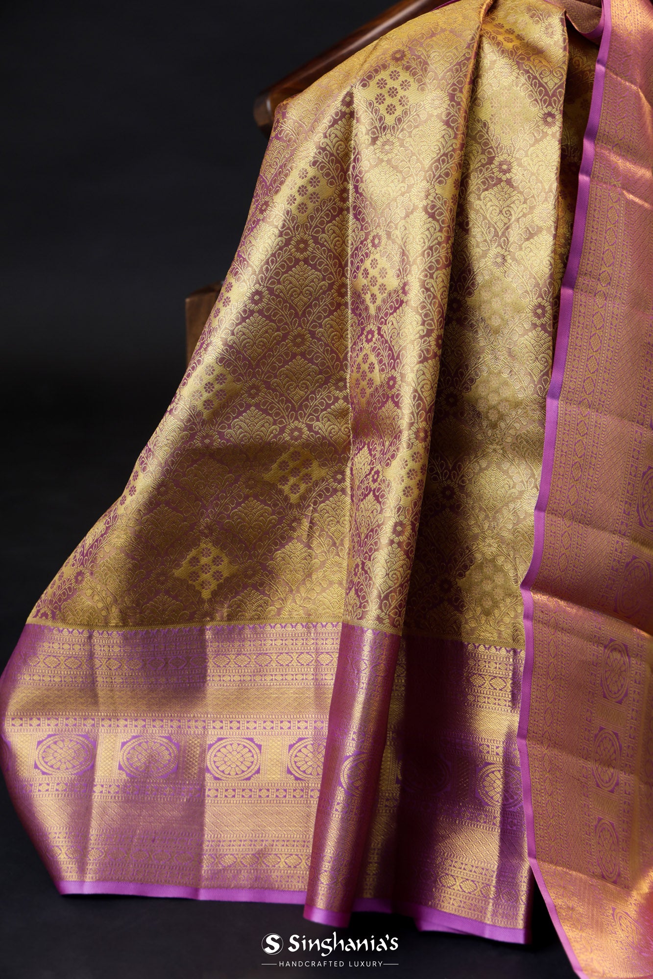 Peach And Gold Tissue Kanjivaram Silk Saree With Zari Buttis