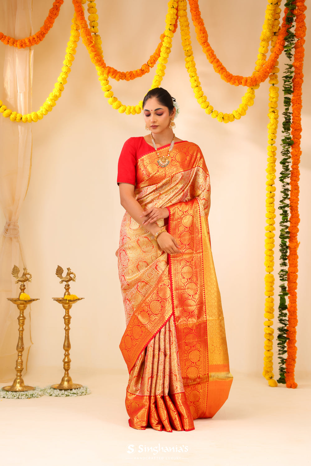 Gold Peach Tissue Kanjivaram Saree With Floral Design