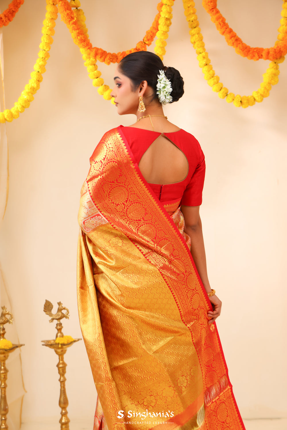 Gold Peach Tissue Kanjivaram Saree With Floral Design