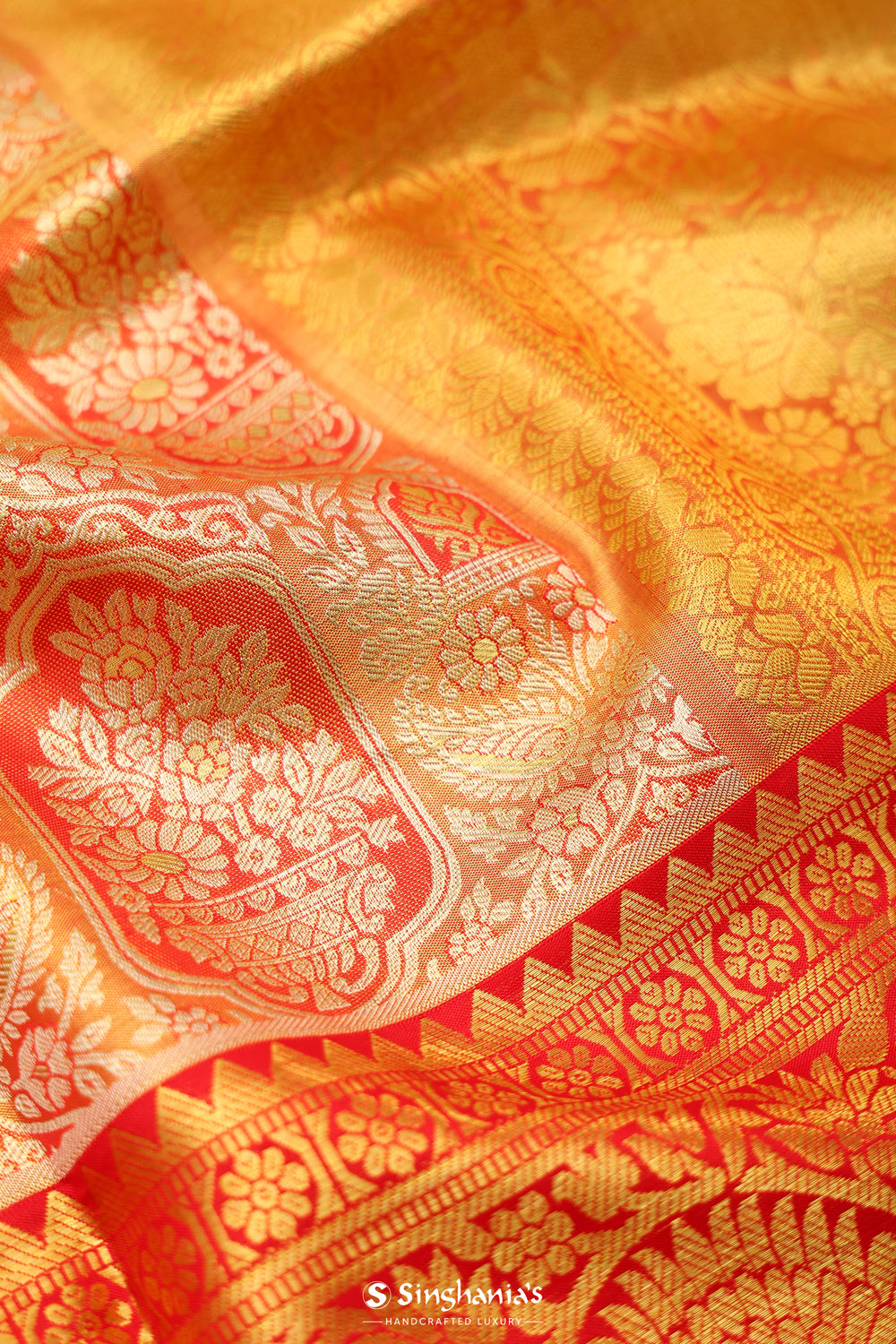 Gold Peach Tissue Kanjivaram Saree With Floral Design