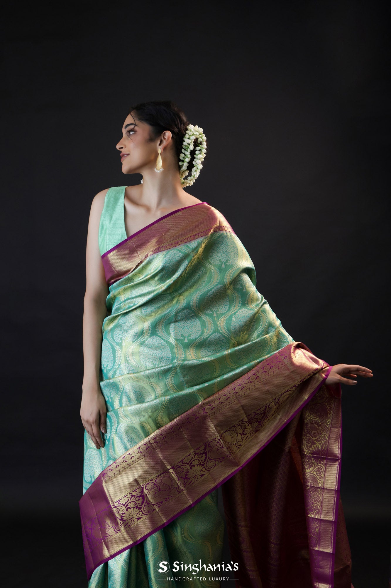 Cambridge Blue Tissue Kanjivaram Silk Saree With Zari Buttis
