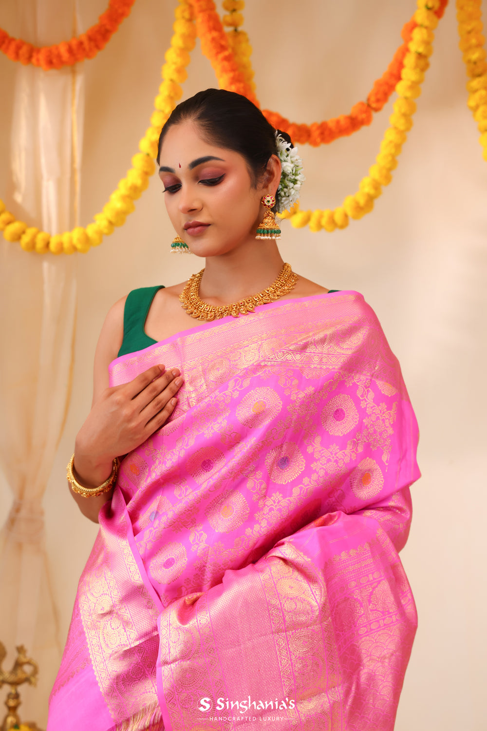 Neon Pink Kanjivaram Silk Saree With Floral Meenakari Weaving