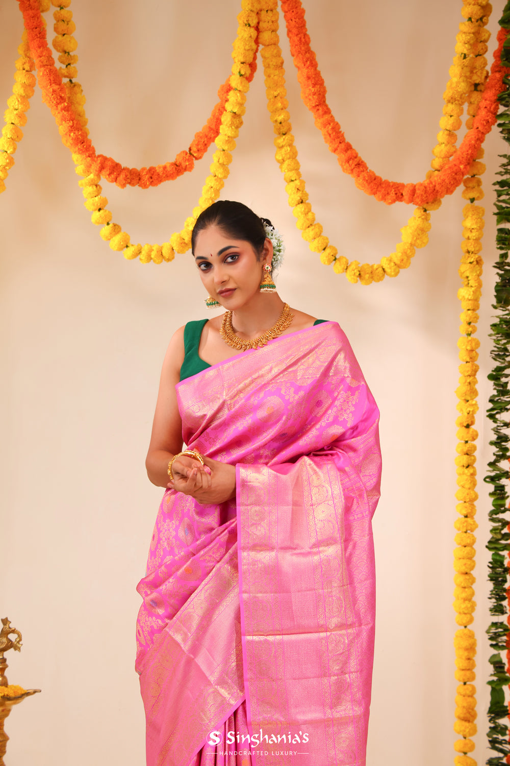 Neon Pink Kanjivaram Silk Saree With Floral Meenakari Weaving