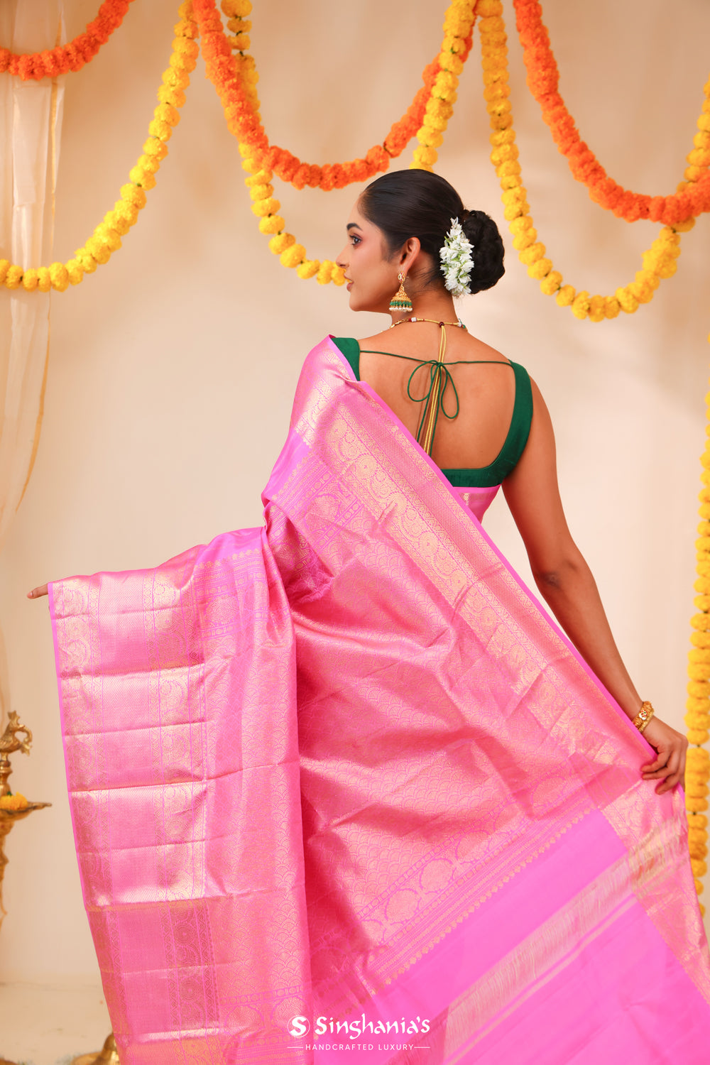 Neon Pink Kanjivaram Silk Saree With Floral Meenakari Weaving