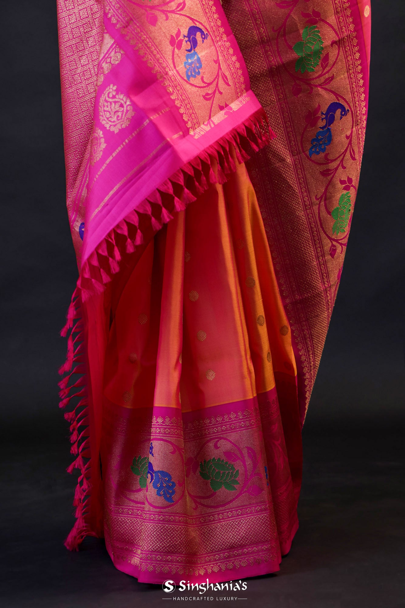Pink Orange Dual Tone Gadwal Silk Saree With Zari Buttis