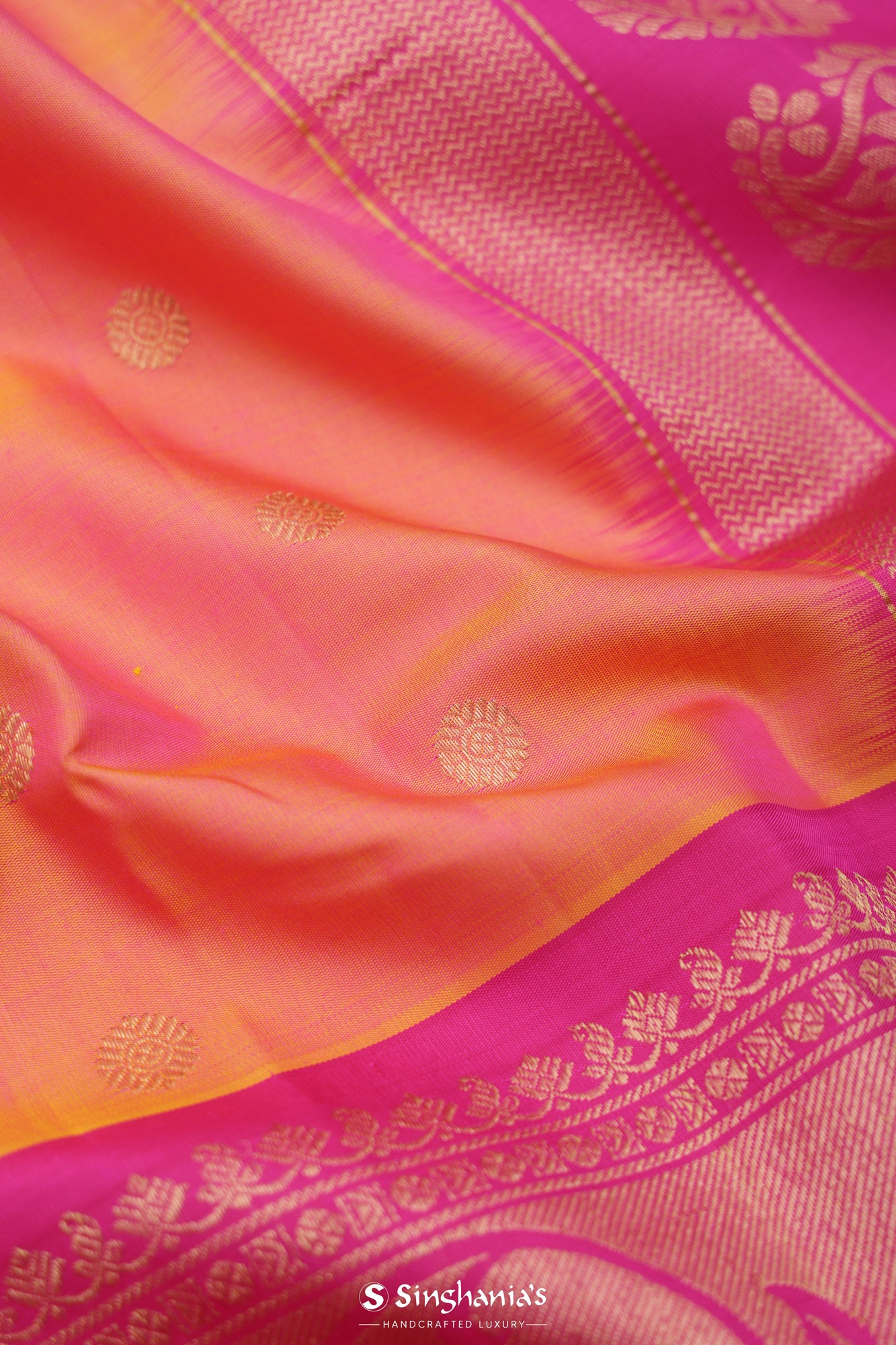 Pink Orange Dual Tone Gadwal Silk Saree With Zari Buttis