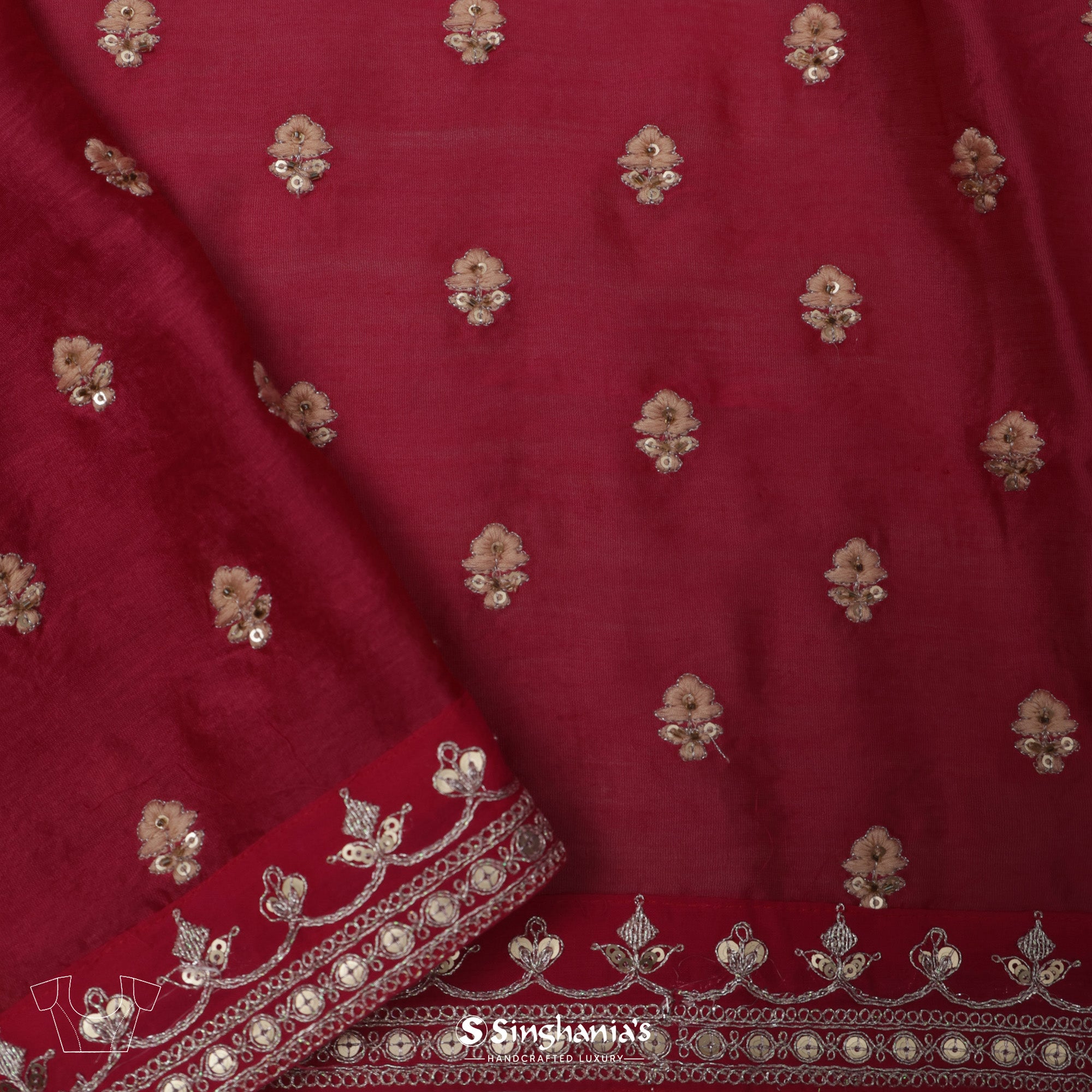Carnelian Red Organza Saree With Bandhani Pattern