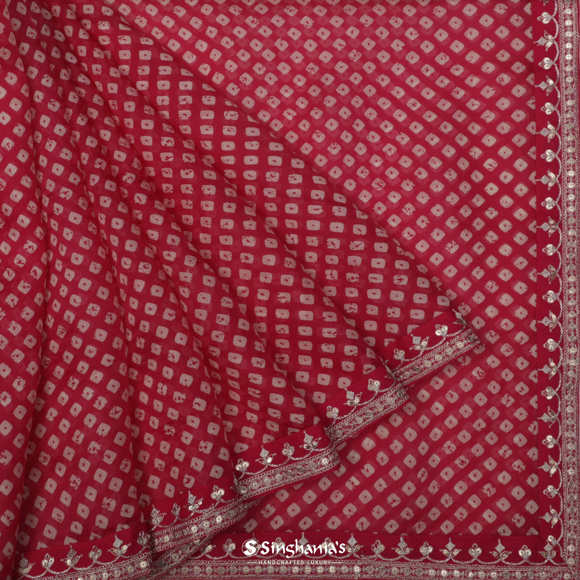 Carnelian Red Organza Saree With Bandhani Pattern