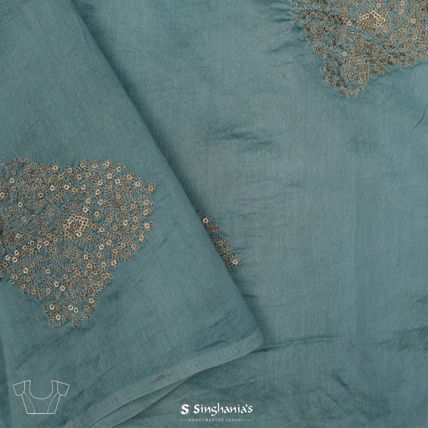 Tiffany Blue Organza Saree With Mukaish Work In Floral Pattern